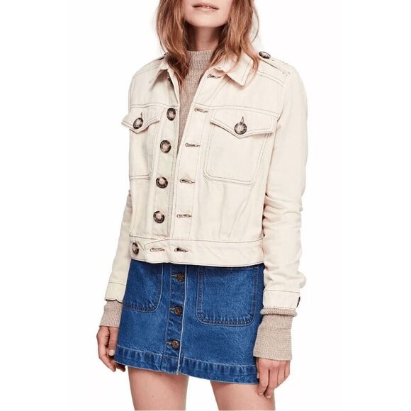 Free People Ivory Ecru Eisenhower Button Up Jean Jacket Small - Picture 9 of 10